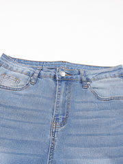 Light wash denim cropped jeans with whiskered details and five-pocket styling.