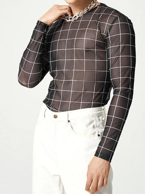 Black sheer mesh long sleeve top with white grid print.