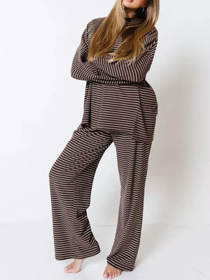beige pajama set featuring long sleeve and striped