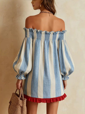 100% polyester Care instructions: Machine wash cold mini dress in Sky Blue with loose silhouette