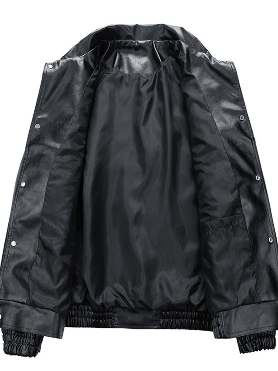 Black bomber jacket with hip-length and button-front