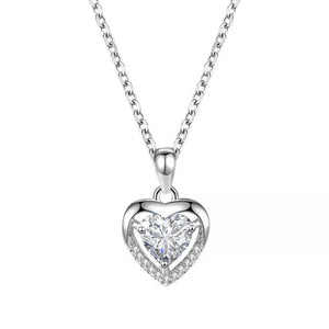 Silver heart pendant necklace with clear zircon stones and delicate chain
