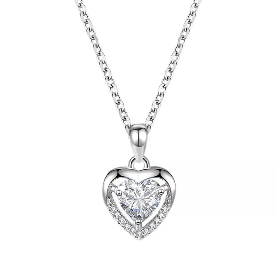 Silver heart pendant necklace with clear zircon stones and delicate chain