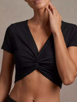 Black twist-front V-neck cropped t-shirt with short sleeves
