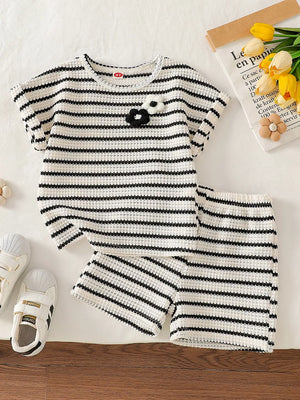 Children's Striped Round Neck Top And Shorts Set