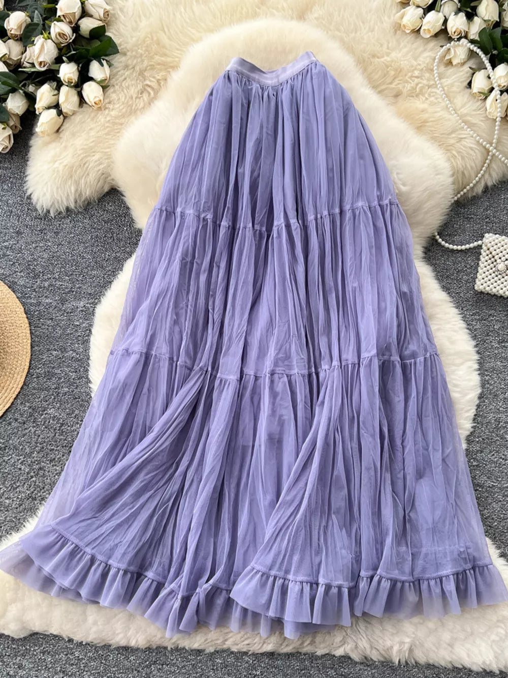 Purple tiered tulle skirt with ruffled hem and lining