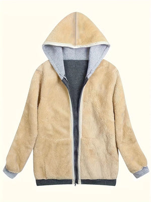 Cozy sherpa lined zip-up hoodie in tan with gray contrast hood and cuffs.