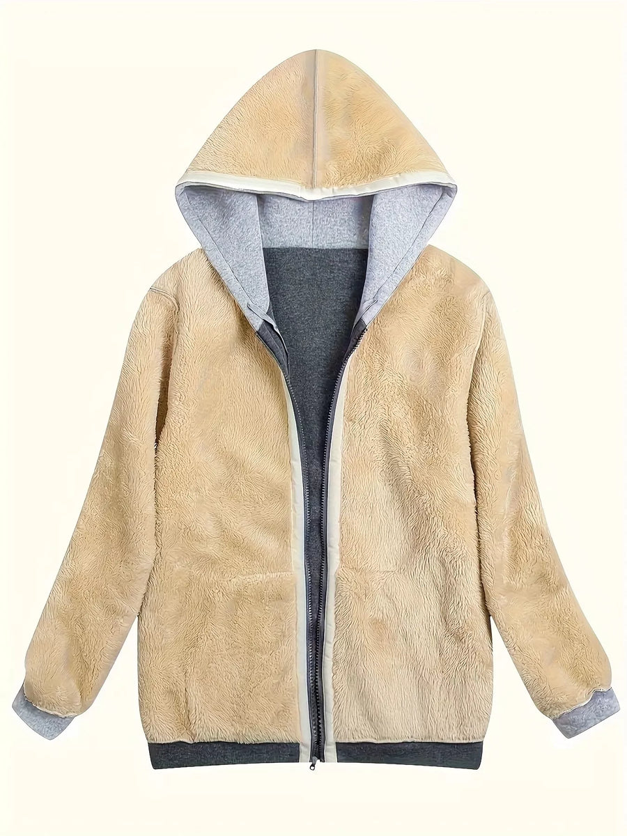 Cozy sherpa lined zip-up hoodie in tan with gray contrast hood and cuffs.