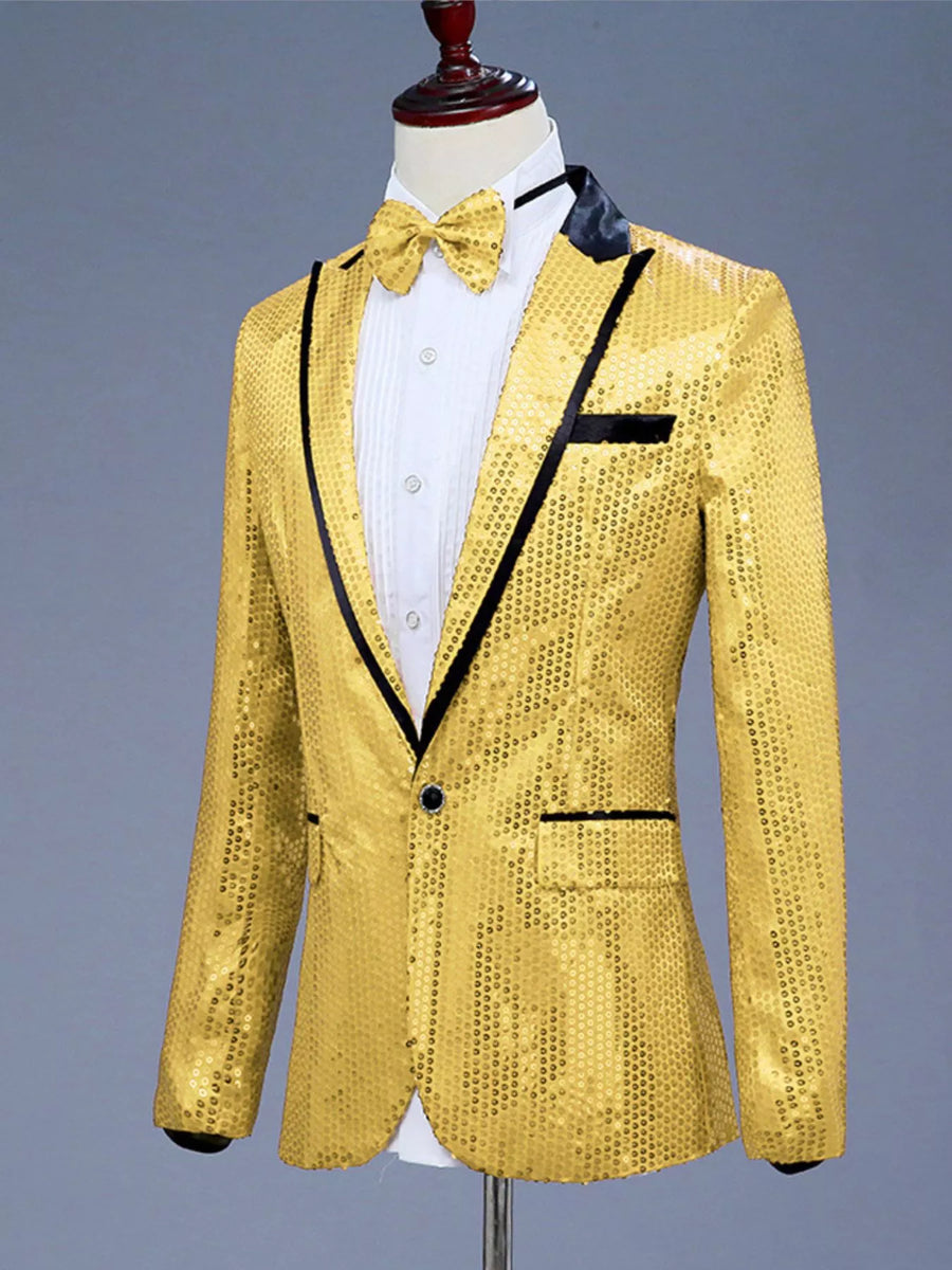 Gold sequin one button blazer with black lapels and trim, worn with a white shirt and gold bow tie.