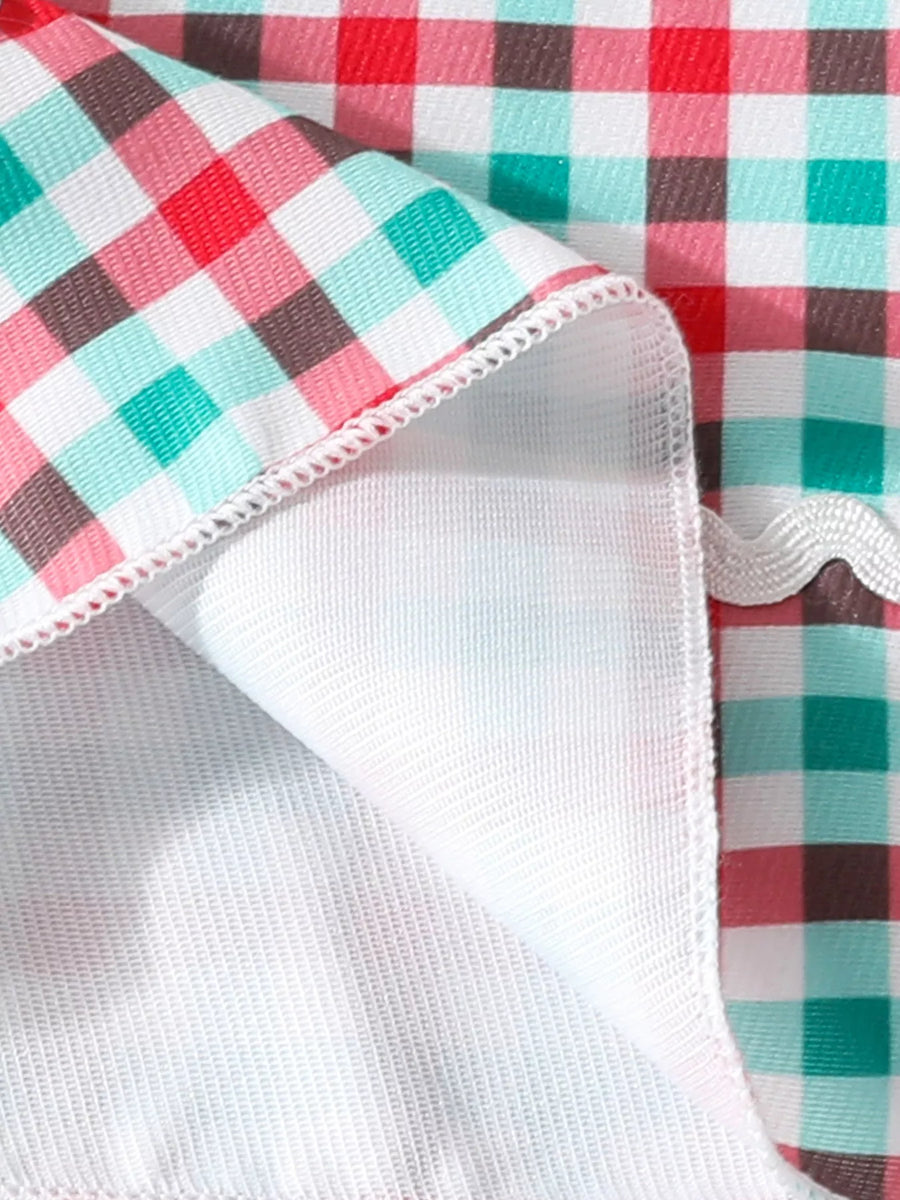 Festive plaid dress detail with red, teal, pink, and brown checks and white trim.