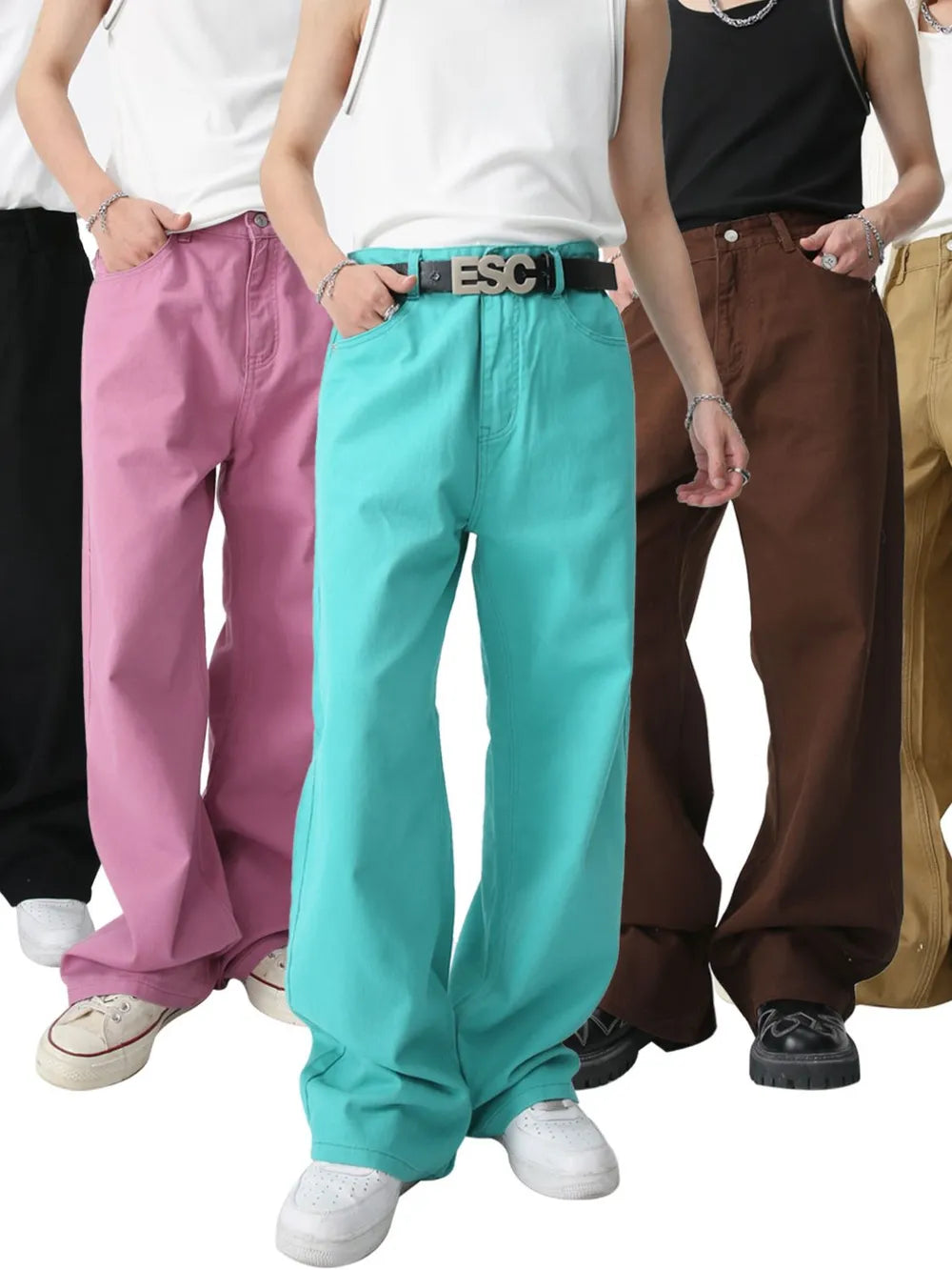 Wide-leg high-rise denim trousers in teal, pink, brown, and black, styled casually.