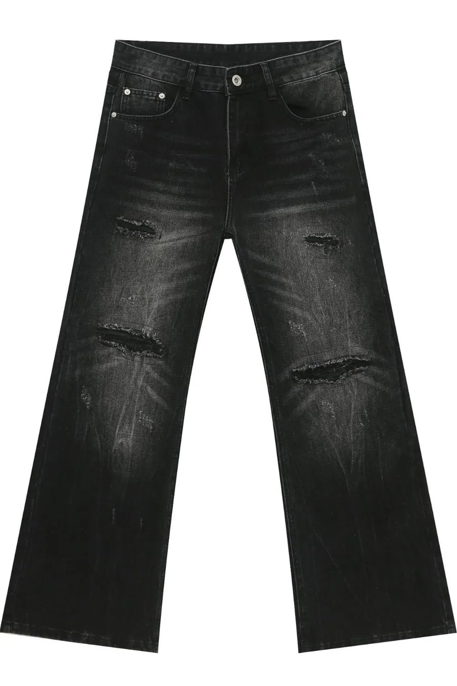 Distressed flare jeans in dark bleach wash denim with ripped details.