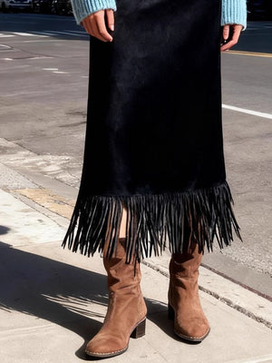 High-Waisted Suede Fringe Midi Skirt in Light Brown with high-waisted