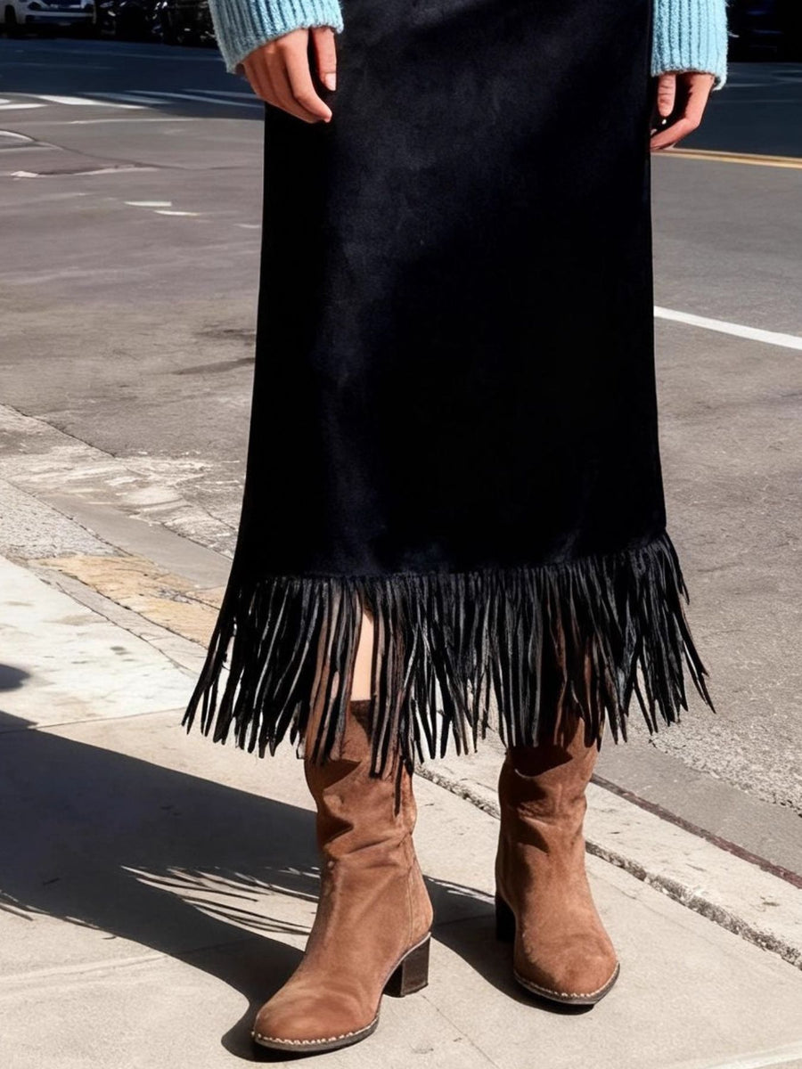 High-Waisted Suede Fringe Midi Skirt in Light Brown with high-waisted