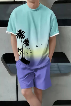 Men's casual set with tropical palm tree graphic tee and purple shorts