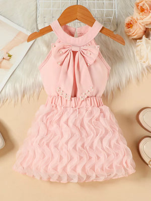 Pink toddler dress with pearl bowknot and ruffled skirt