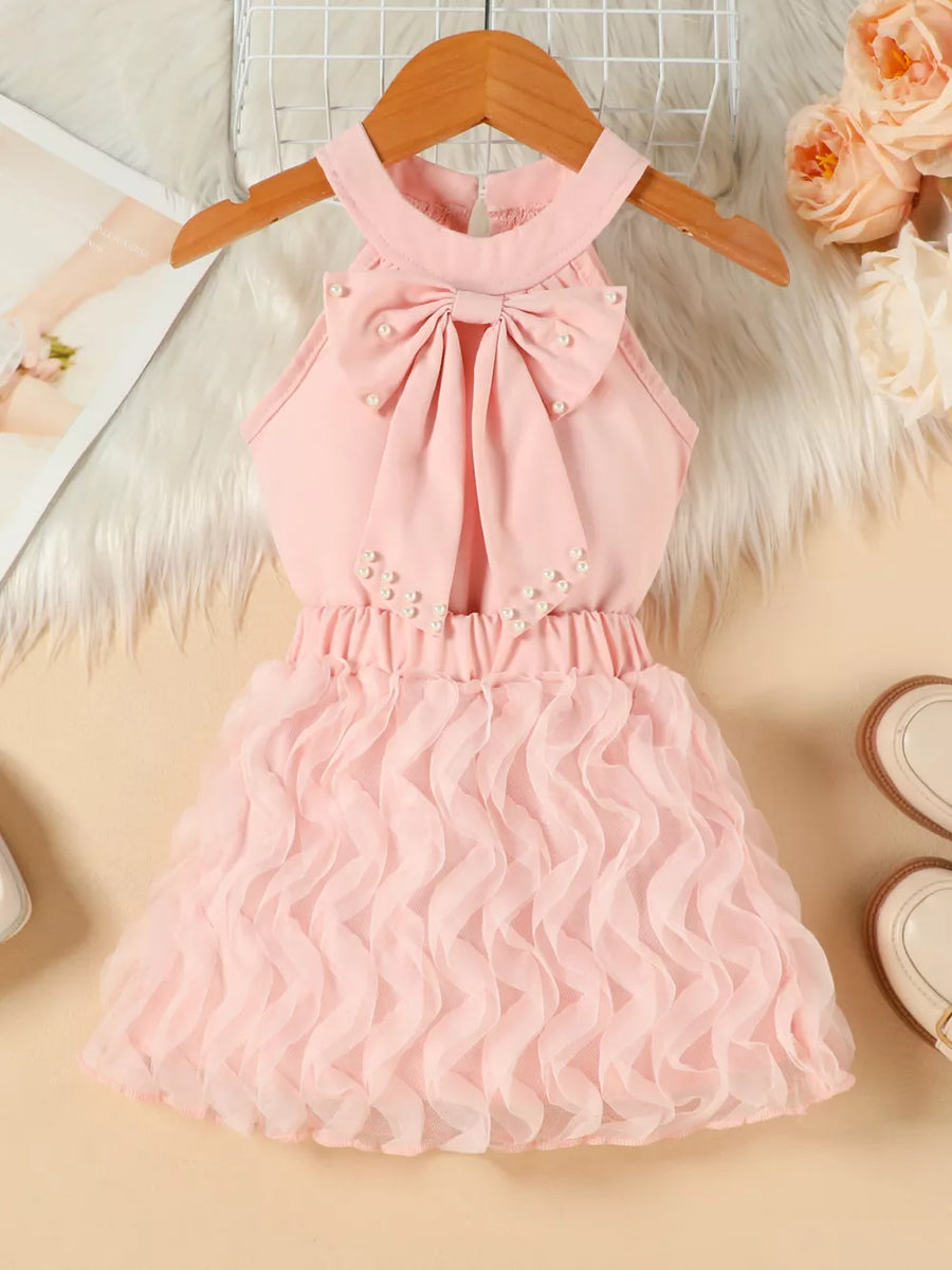Pink toddler dress with pearl bowknot and ruffled skirt