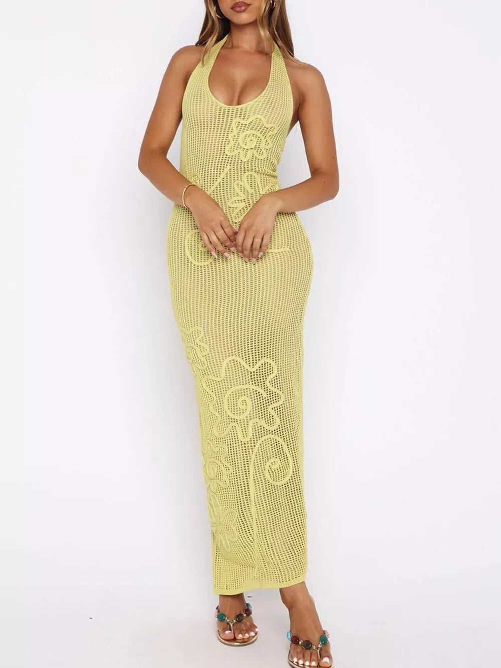 Yellow with Halter Neck Crochet Maxi Dress in Yellow
