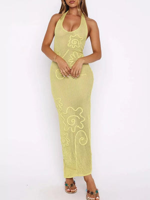 Yellow with Halter Neck Crochet Maxi Dress in Yellow