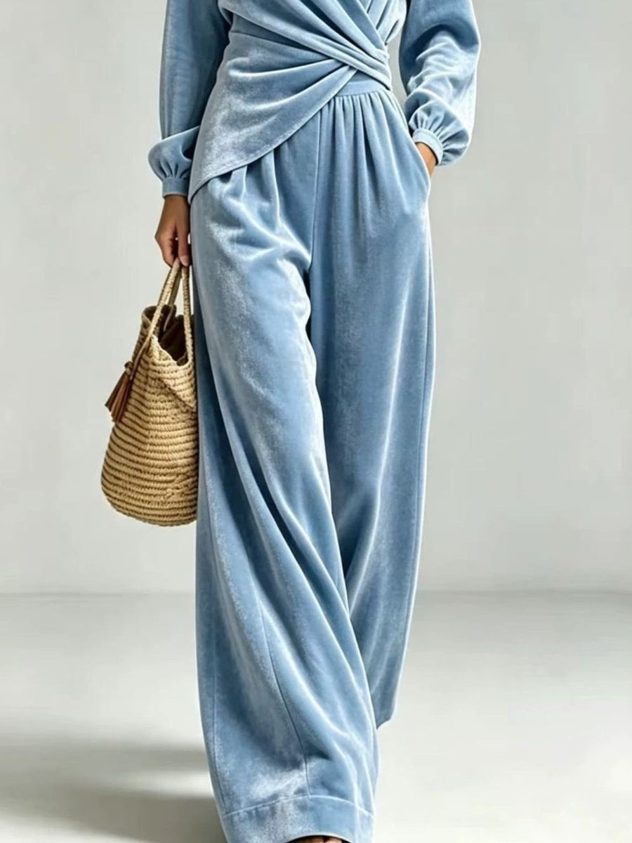 glam pants set in Light Blue with v-neck
