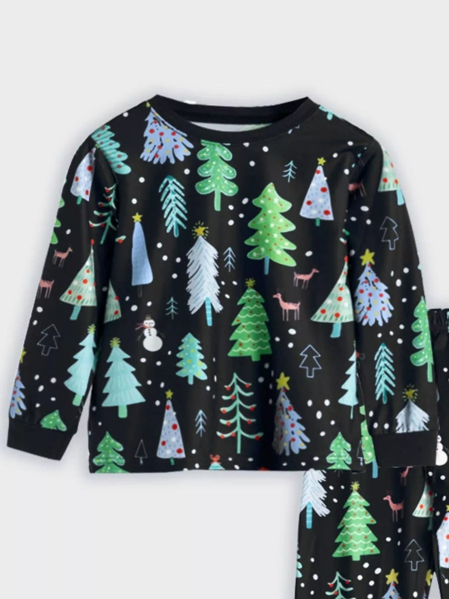 Black Christmas tree print pajama set with long sleeves and crew neck.