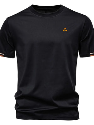 Black t-shirt with embroidered orange crest detail and striped sleeve cuffs.