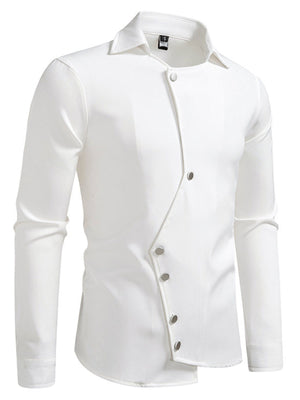 Men's white casual shirt with asymmetrical button detail and classic collar.