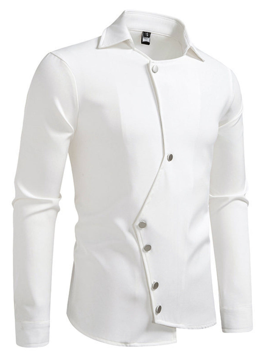 Men's white casual shirt with asymmetrical button detail and classic collar.