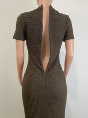 Textured midi dress in dark brown with short sleeves and a back zipper detail.