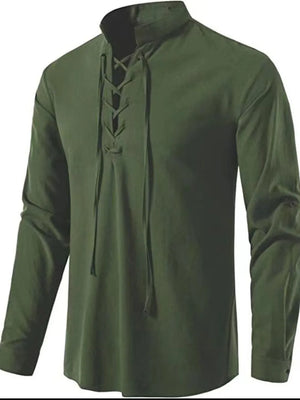 Army green linen lace-up shirt with mandarin collar and long sleeves