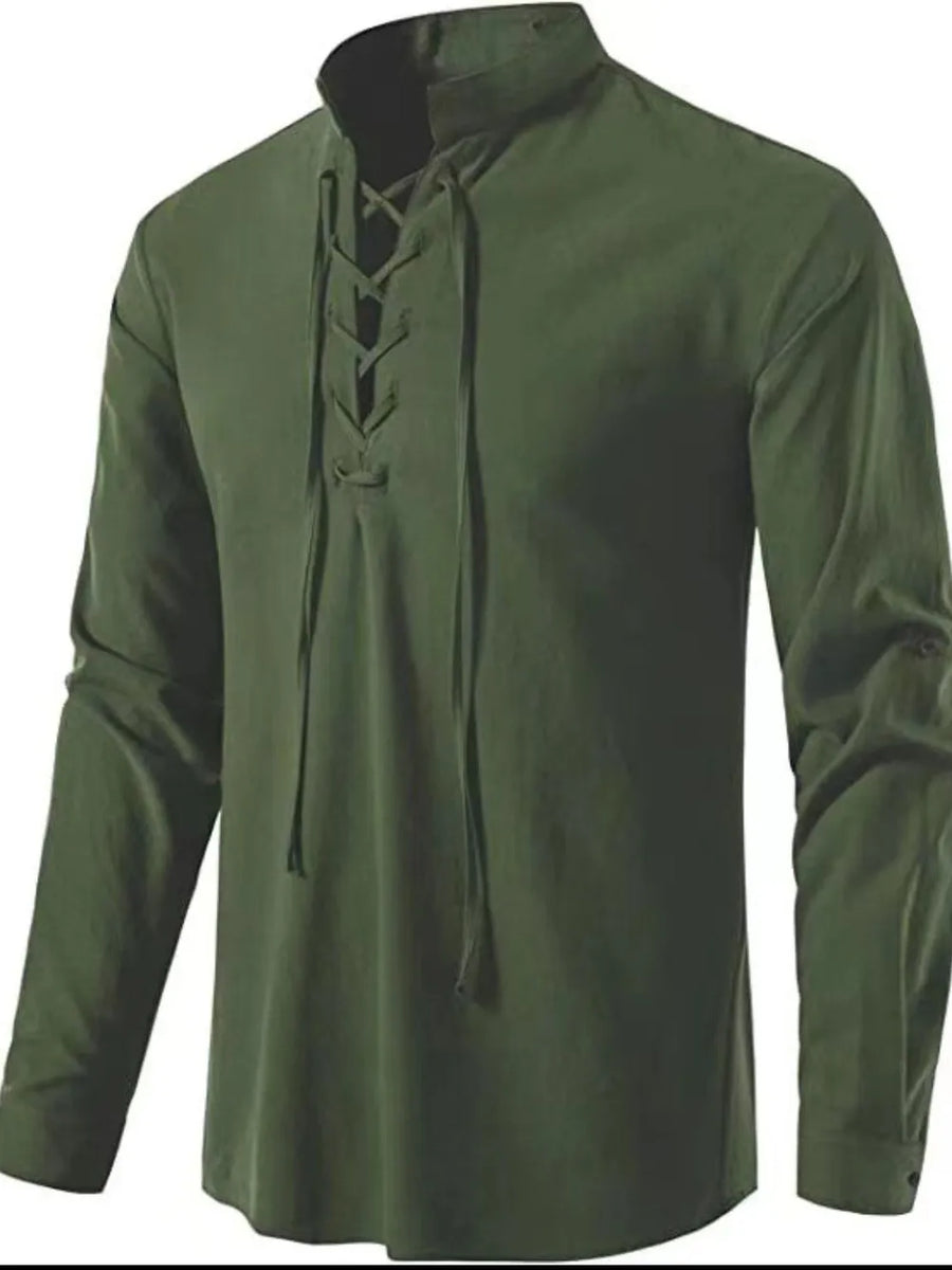 Army green linen lace-up shirt with mandarin collar and long sleeves
