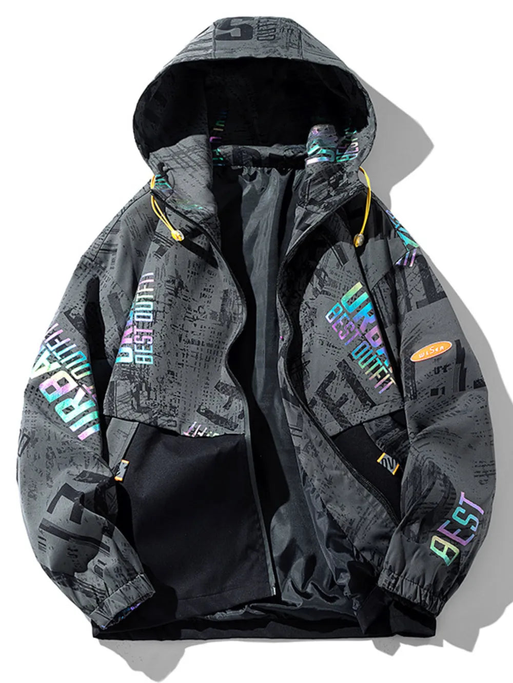 Dark gray hooded parka with abstract print and colorful text details.