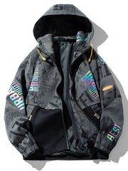 Dark gray hooded parka with abstract print and colorful text details.