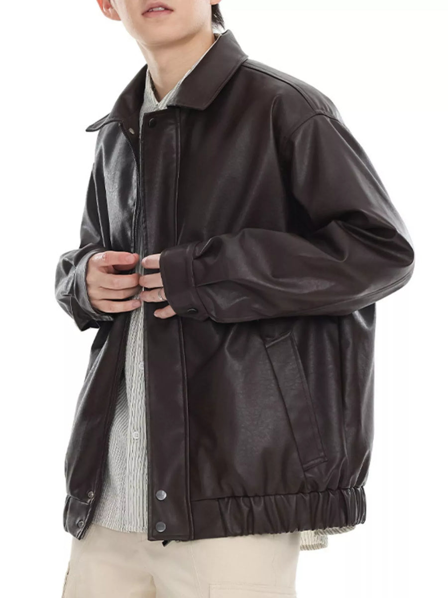 Brown faux leather bomber jacket with collared neckline and elasticated hem.