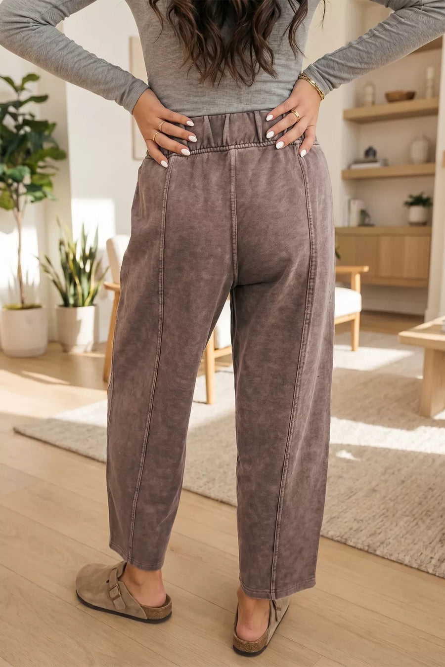 Brown mineral wash sweatpants with elastic waist and seam details