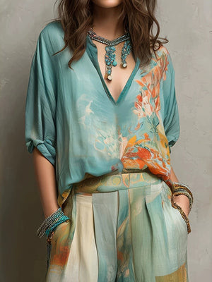 100% polyester Care instructions: Machine wash cold blouse and wide-leg pants set in cream with relaxed silhouette