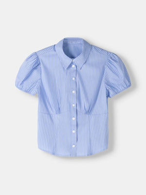 Light blue striped puff sleeve button-up shirt with a fitted waist
