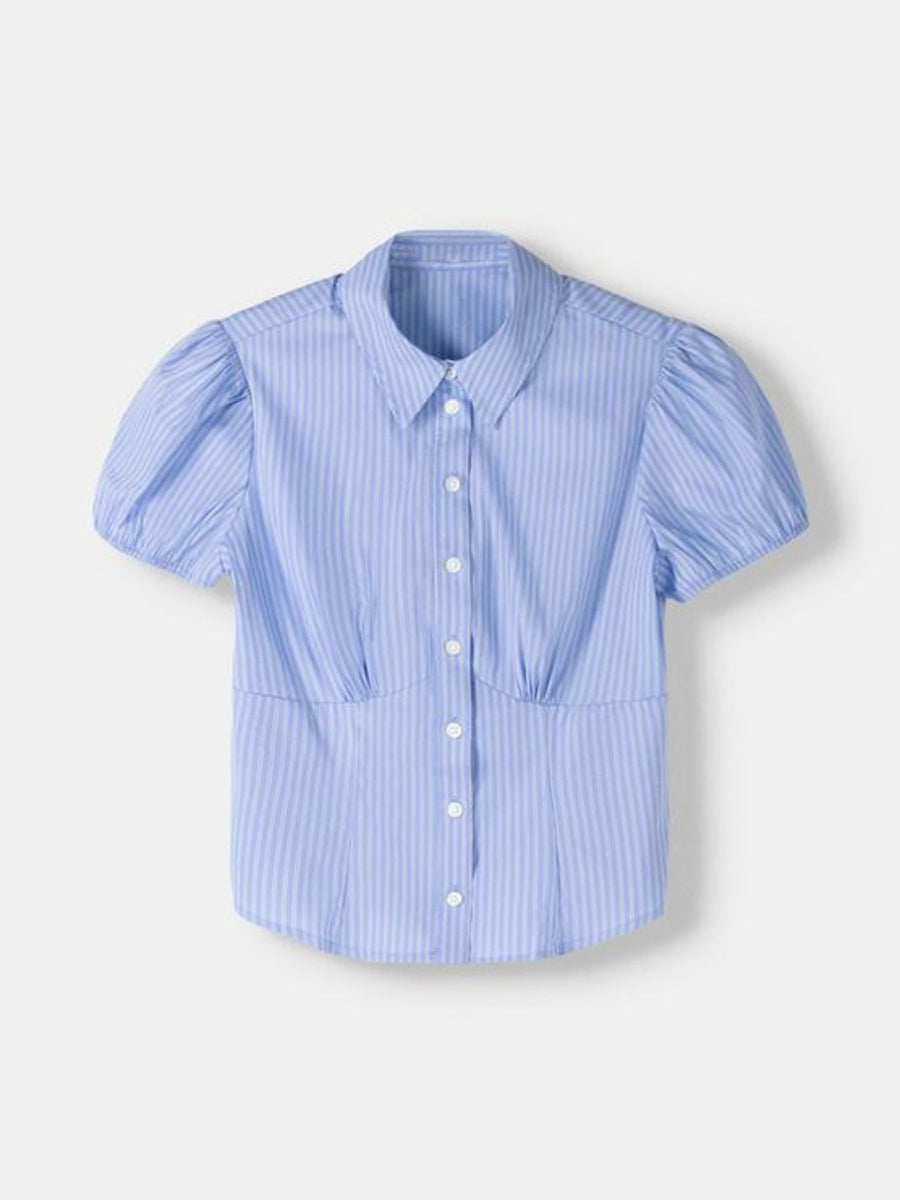Light blue striped puff sleeve button-up shirt with a fitted waist