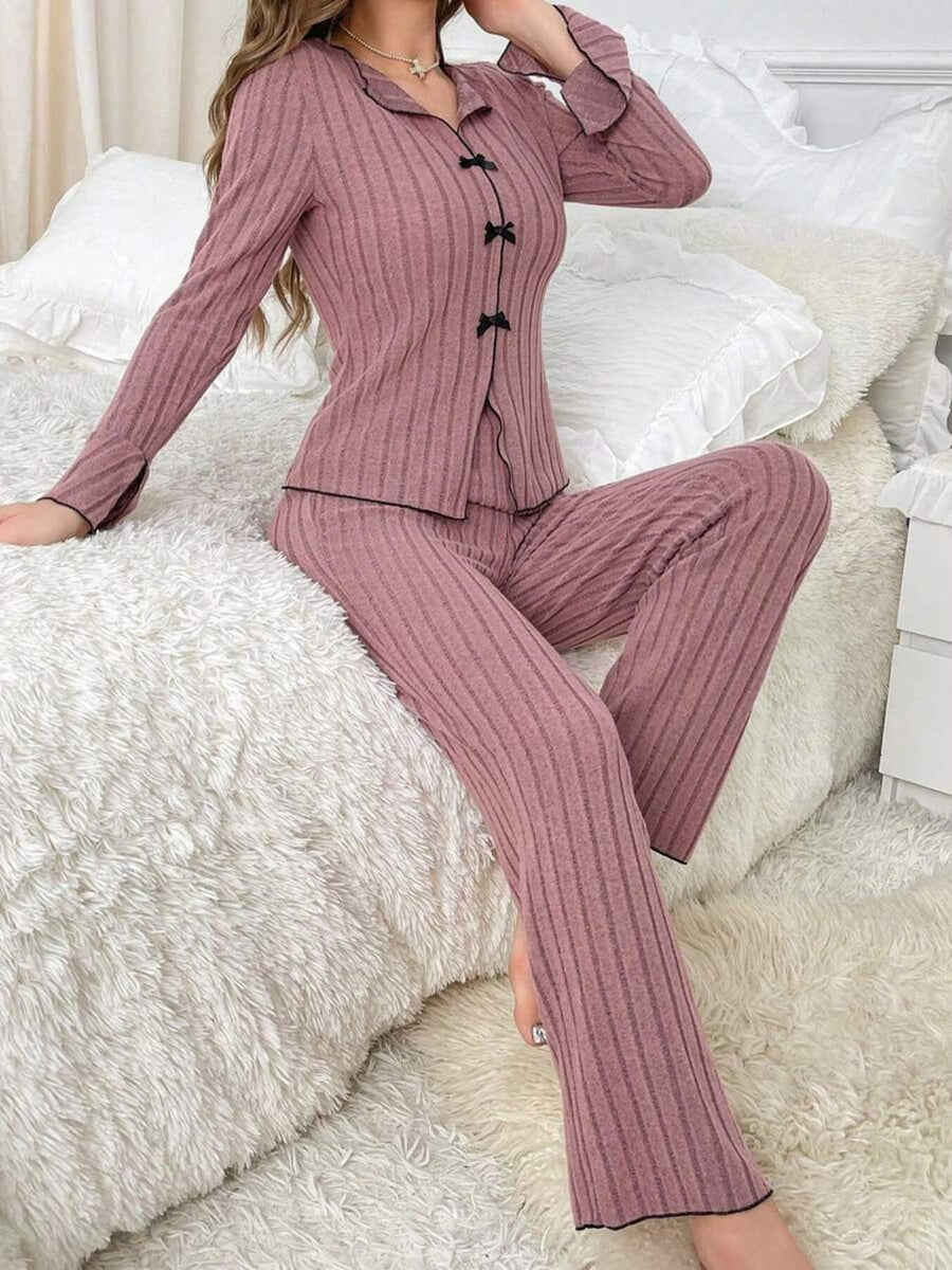 Contrast Bow Detail Top And Pants Lounge Set in Lotus Root Powder with ribbed