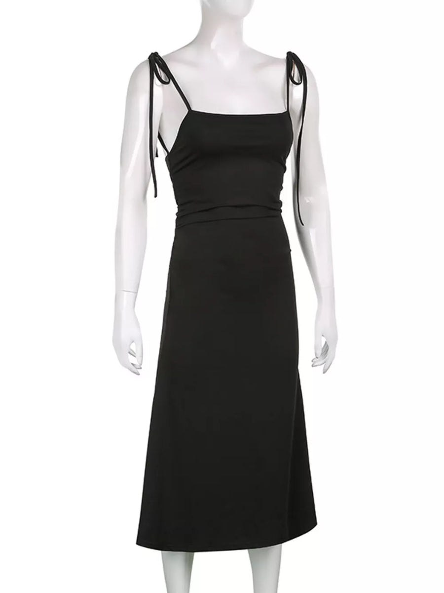 Black midi dress with ruched detail and tie straps