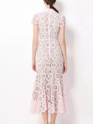 Pink floral lace midi dress with cap sleeves and studded belt