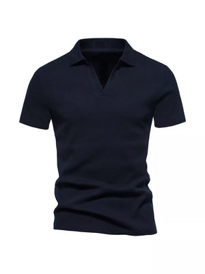 Men's dark navy blue notched collar polo shirt, short sleeve, cotton blend, casual fit