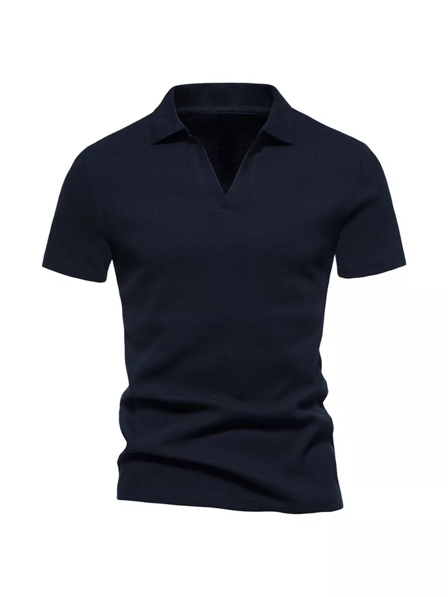 Men's dark navy blue notched collar polo shirt, short sleeve, cotton blend, casual fit