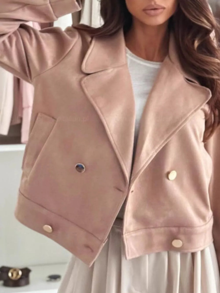 Pale Blush Chic Double-breasted Cropped Jacket