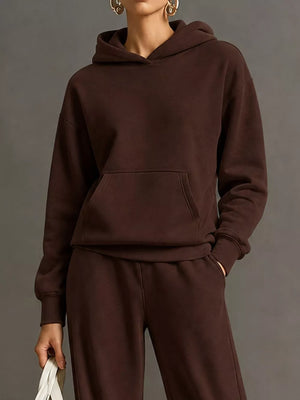 Kangaroo Pocket Hoodie And Pants Set in Pink with drawstring