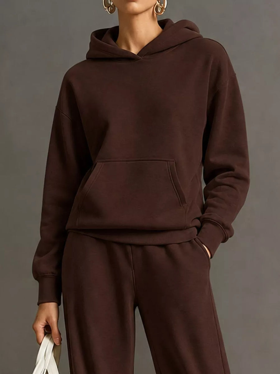 Kangaroo Pocket Hoodie And Pants Set in Pink with drawstring