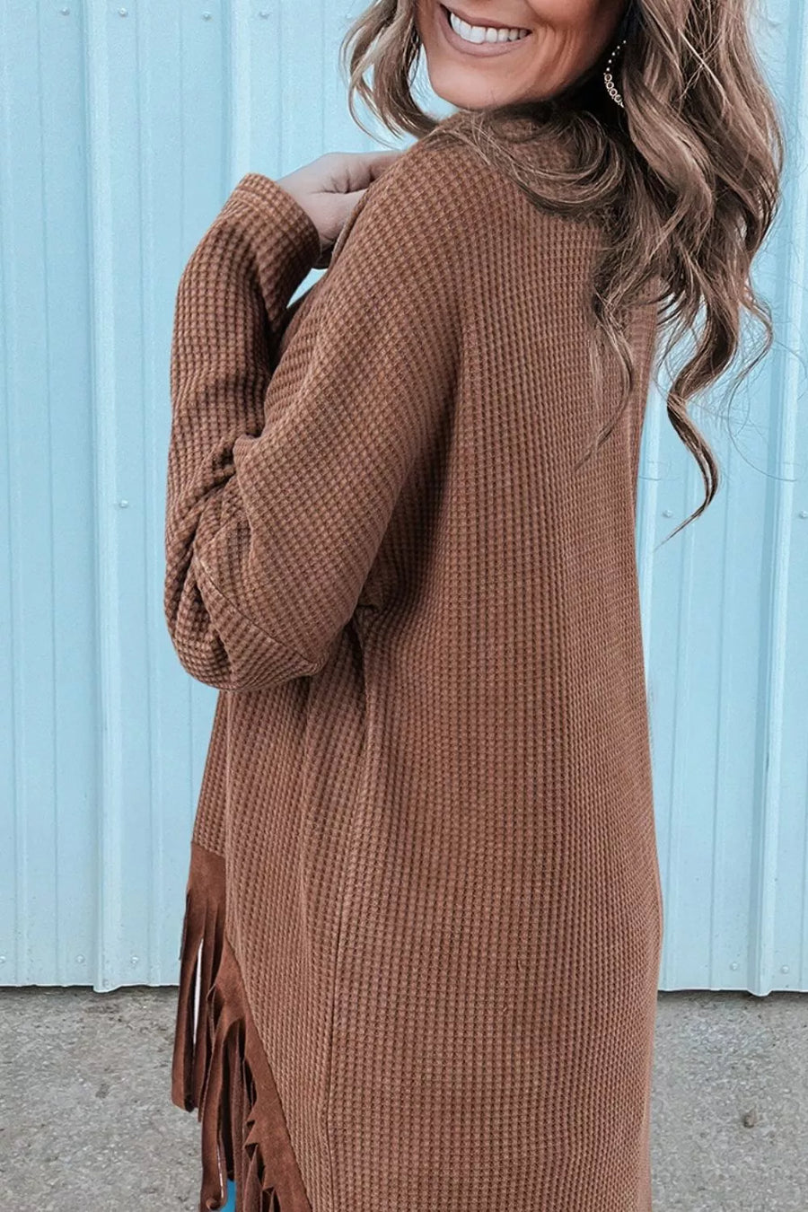 Waffle Knit Fringed High Low Loose Top in Brown