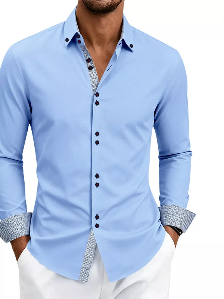 Navy Blue button-up shirt with button cuffs and long sleeve