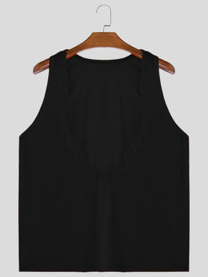 Black deep plunge tank top with wide straps and a U-neckline.