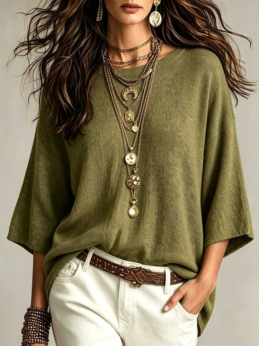 bohemian pullover sweater in chocolate brown with round neck